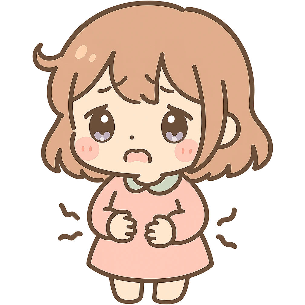 hungry little girl, kawaii chibi anime style, flat pastel colors, thick outlines, simple cute features, holding her belly, uncomfortable face emoji