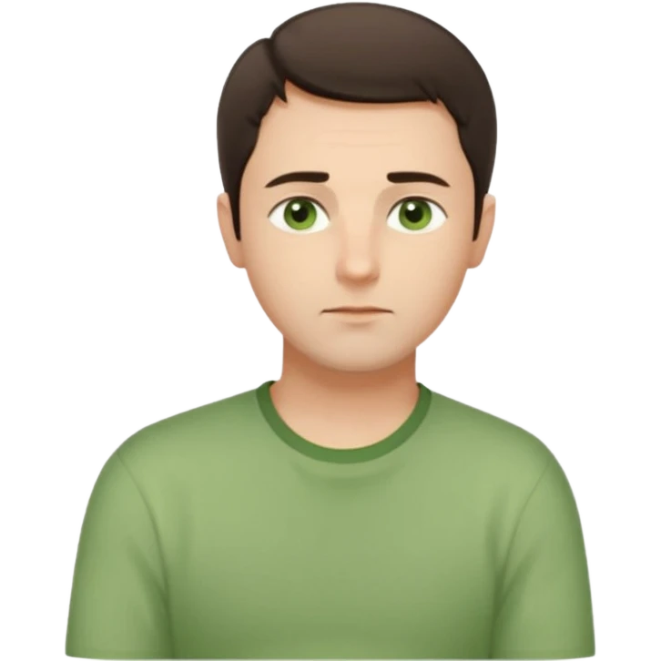 Gentle man, European facial features, short dark brown hair, green eyes, light green shirt. Seated calmly, gazing thoughtfully. Soft light, subtle fern. Waist-up, profile. emoji