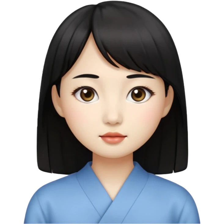 Clean Korean illustration-style emoji portrait of a young Korean woman, front-facing.
Smooth porcelain skin, soft shading, large round eyes, calm neutral expression.
Straight black bangs, black hair tied back, small nose and lips.
Round oval face, soft jawline.

 emoji