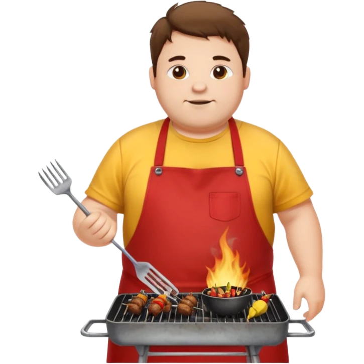 chubby man white messy hair and dirty yellow shirt and a red apron grilling bbq and skewers on a sizzling grill emoji