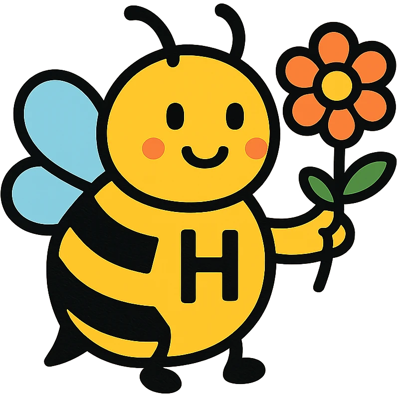 cartoonish bumblebee with the letter H holding a flower emoji