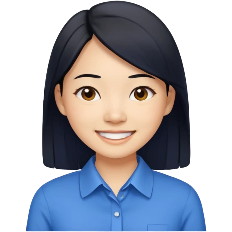 30 yr asian woman light skin medium length straight black hair big smile blue collared shirt emoji