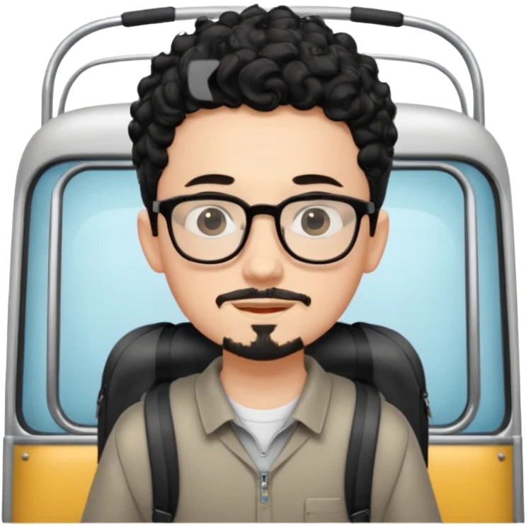 A young boy DEVELOPER WITH A backpack, black curly short hair, wearing glasses, a thin goatee, his skin is white, riding a scholar bus emoji