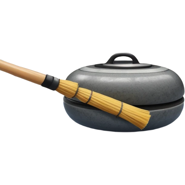 An icon showing a detailed close-up of a curling stone sliding across the ice, with a broom in motion beside it. The background features an indoor stadium with cheering spectators on the stands. Transparent background captures the strategy and focus of curling. emoji