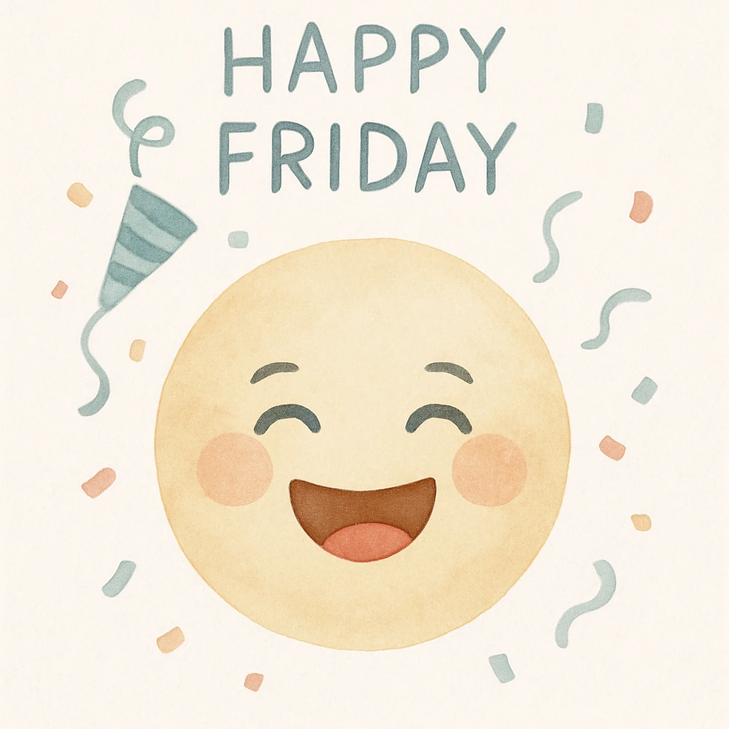 cheerful emoji celebrating Friday with party elements, confetti, and a fun vibe emoji