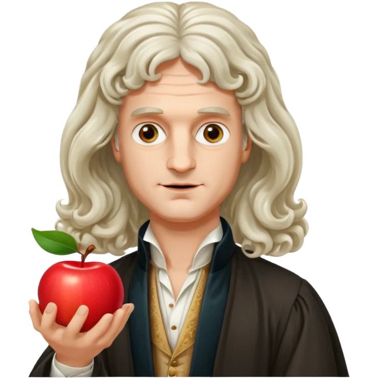 Isaac Newton wearing aristocratic attire with long curled periwig, hold an apple emoji