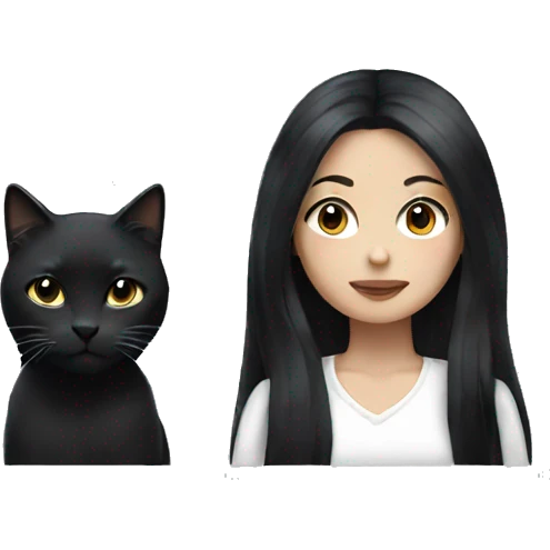 girl with long black hair and white and black cat emoji