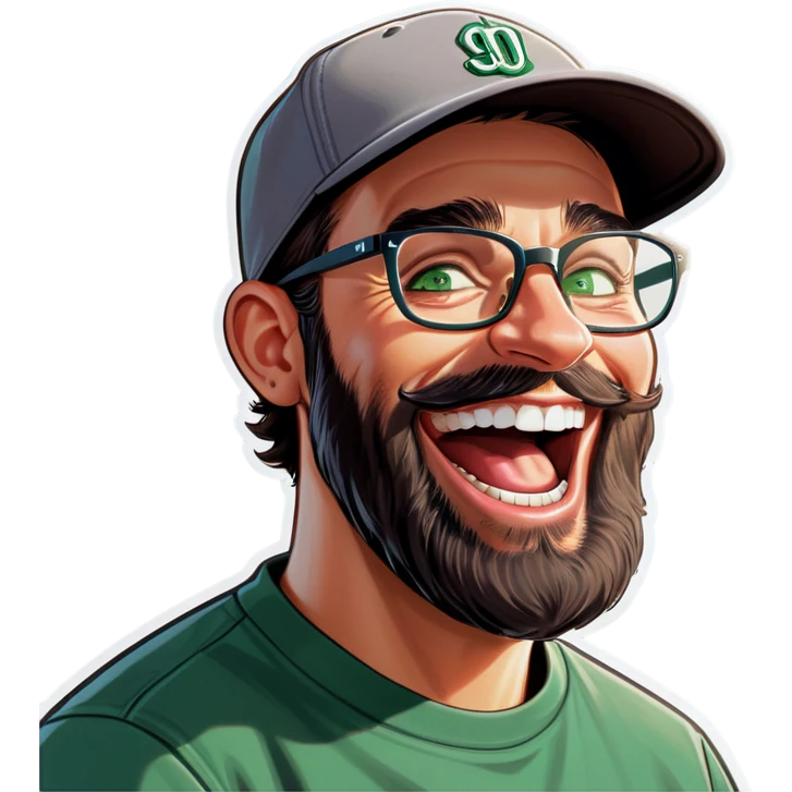 A man with a grey baseball cap, green eyes, big dark brown beard and glasses, laughing emoji