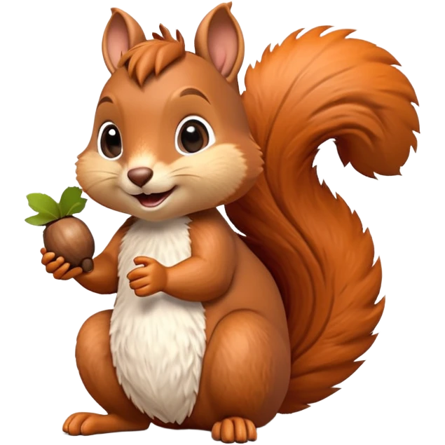 A 3D cartoon squirrel holding an acorn, fluffy tail curled up, orange-brown fur, happy face, soft natural light, Memoji-style look. emoji
