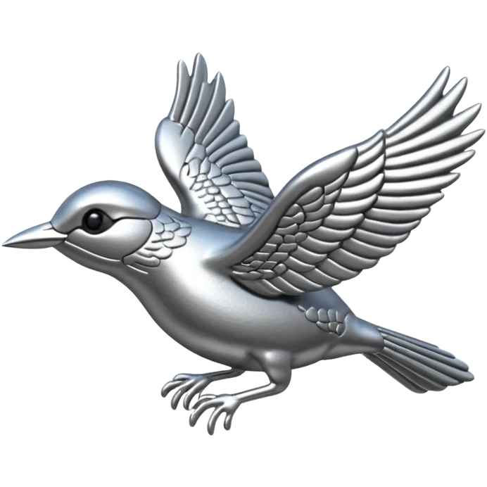 A cast metal pin depicting a silver wren in flight emoji