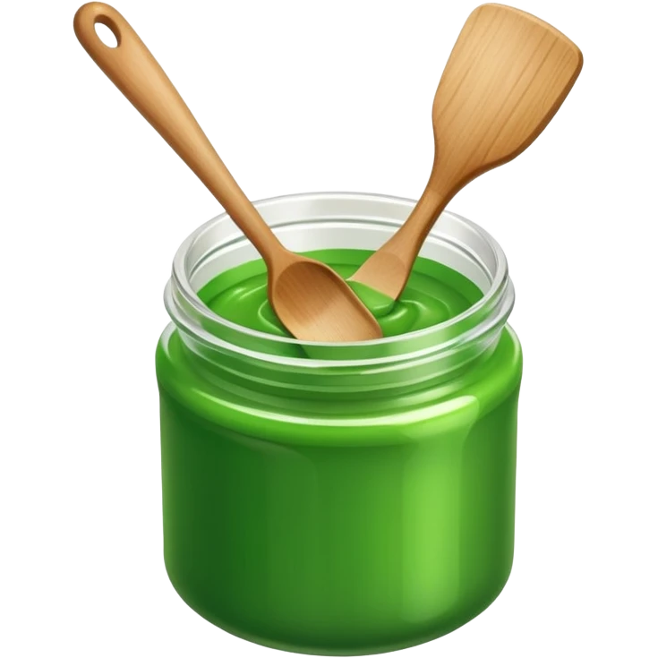 A small open plastic jar of vibrant green wax, wooden spatula inside emoji