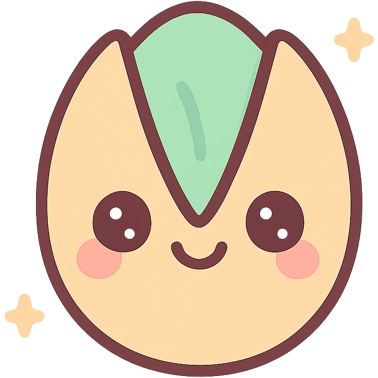 a pistachio with a smiling face, kawaii style, cute, pastel colors, adorable expression emoji