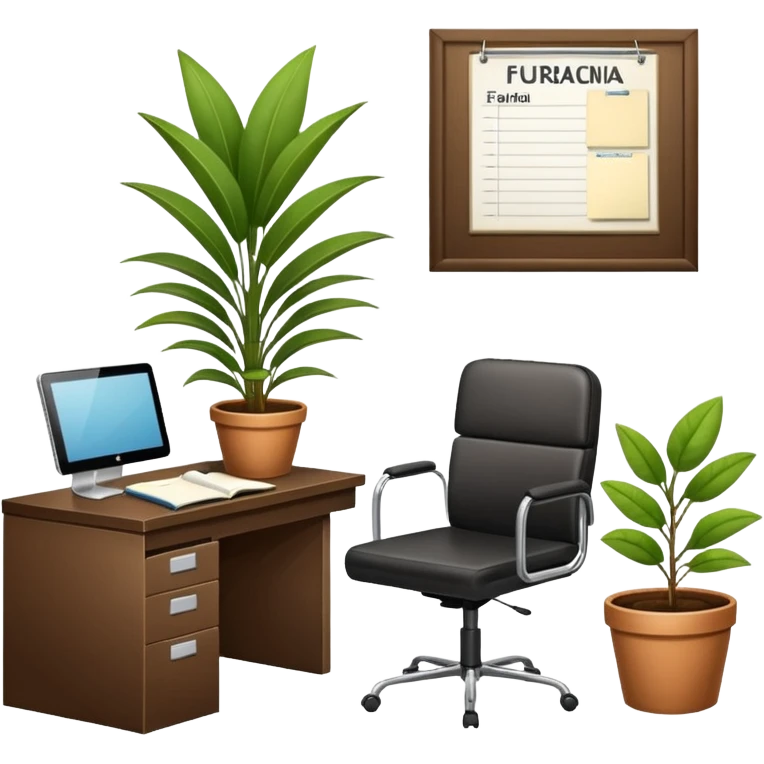 imagen de una oficina moderna con escritorio, silla, notebook, agenda y una planta con un cartel que diga en español FUERA DE OFICINA emoji