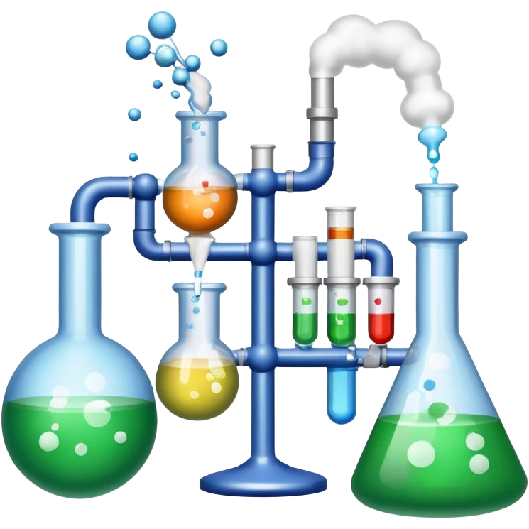 An icon featuring chemical flasks with tubes, representing hydrolysis, along with liquids, powders, and chemical formulas. The design includes molecules and reaction symbols, symbolizing the study of chemical processes and compounds. Transparent background highlights the science of reactions. emoji
