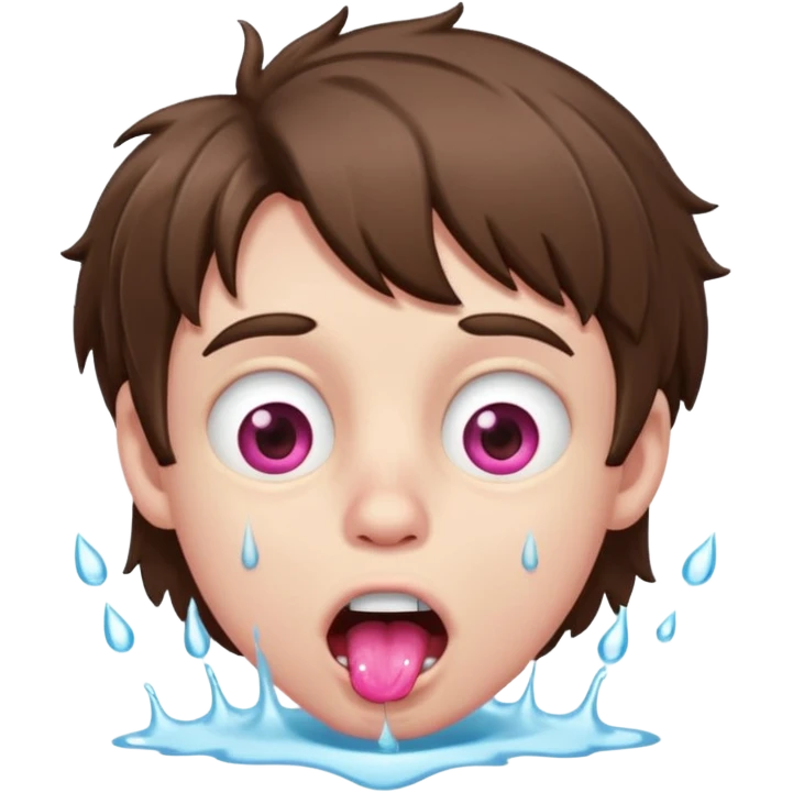 Pale Boy with shaggy brown hair, pink eyes rolled back, mouth open , water drop dripping from lips emoji