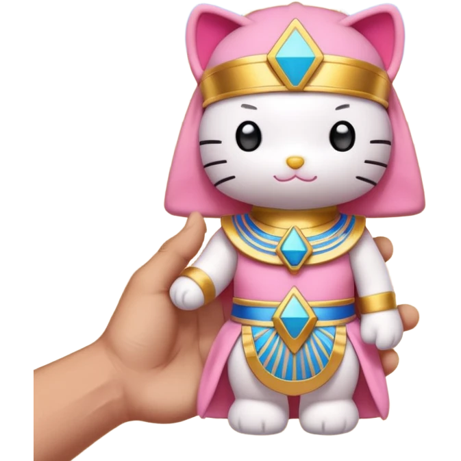 a Hello Kitty–style plush dressed as an Egyptian pharaoh, held by a hand, with a pyramid in the desert background, clear blue sky, natural light, shallow depth of field. emoji