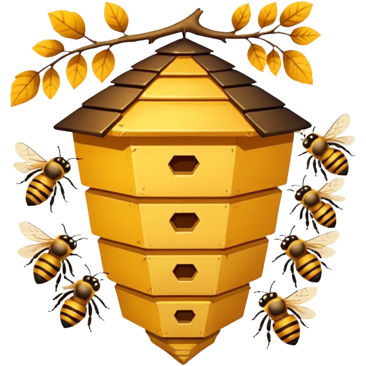 A small hive nestled between tree branches with worker bees. emoji
