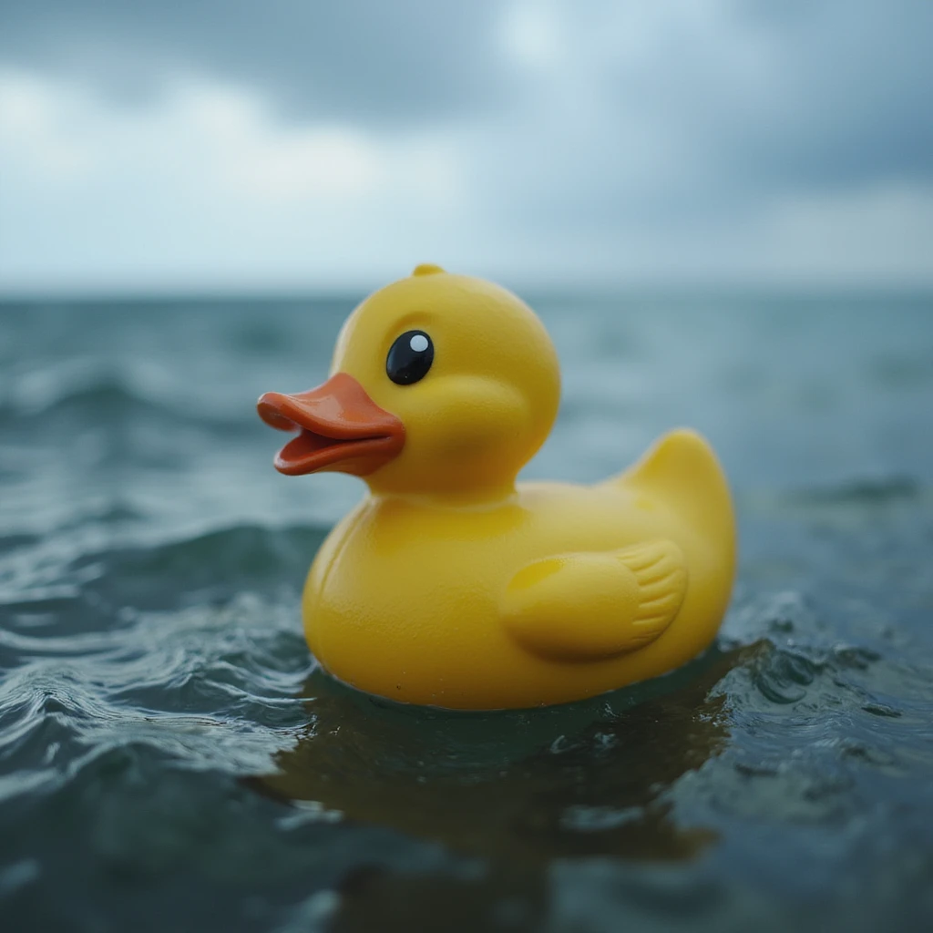  Cinematic still, Extreme Closeup shot of Yellow duck toy on ocean during cloudy day, stormy sea, Camera from top, inspired by interstellar emoji