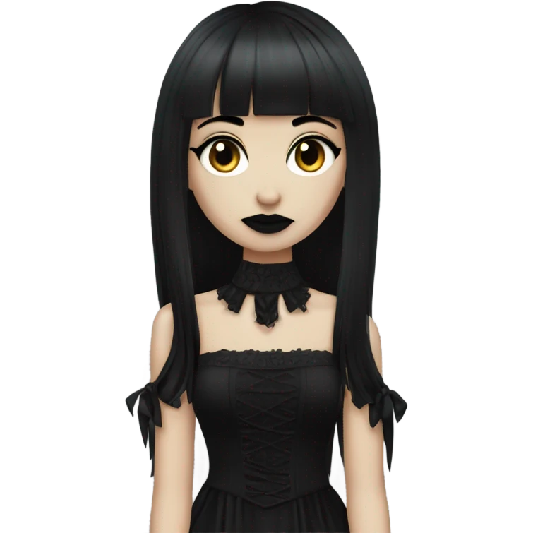 one single goth women, dark hair, long hair, short bangs, dark makeup, gothic detailed dress emoji