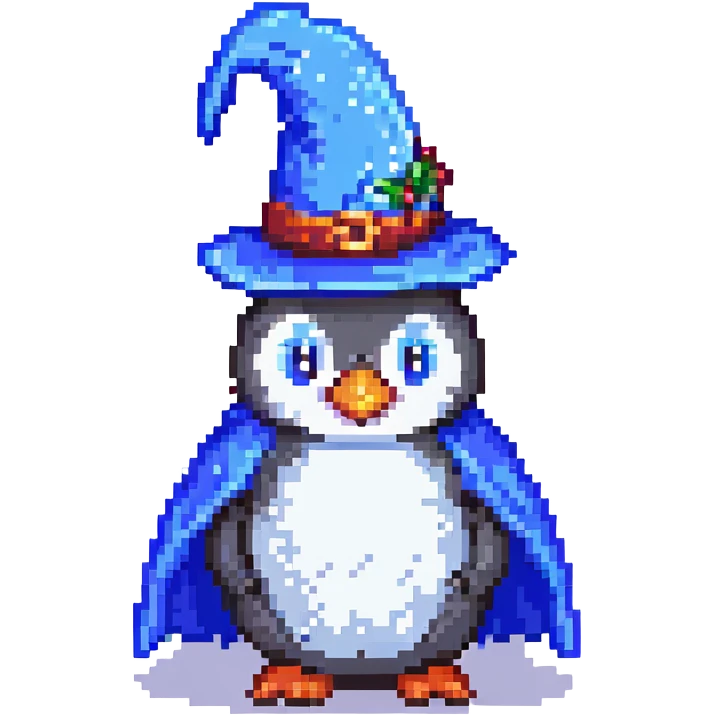 pixel art penguin wizard with a blue hat and cape emoji