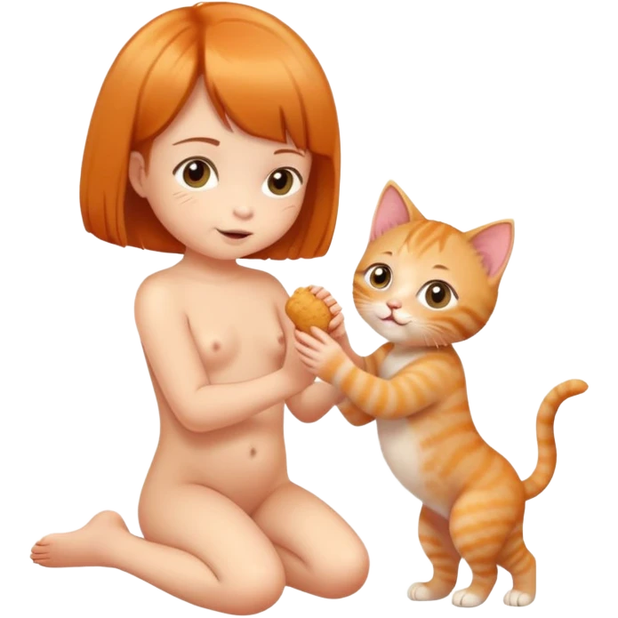 Naked little girl with a bob haircut plays with a little ginger kitten emoji