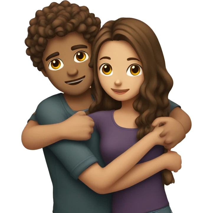 Girl with long straight brown hair hugging a guy with short curly brown hair emoji