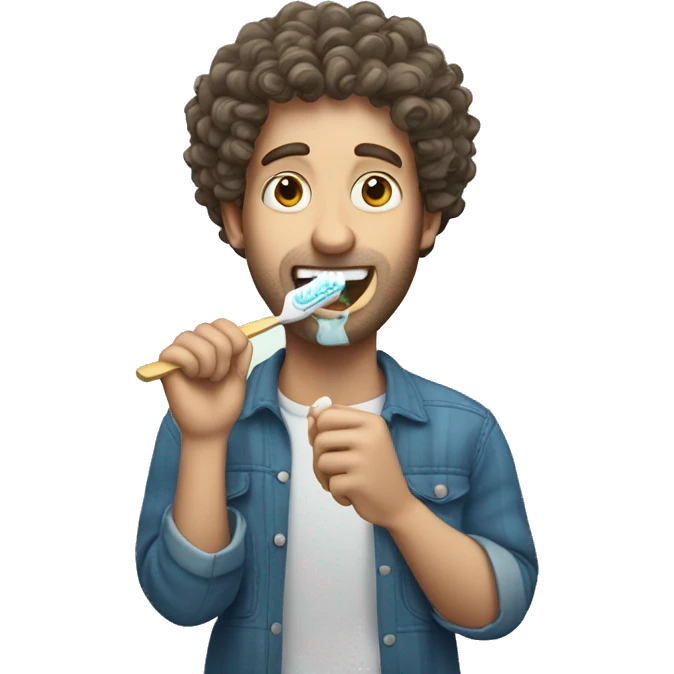 White man with curly hair brushing his teeth emoji