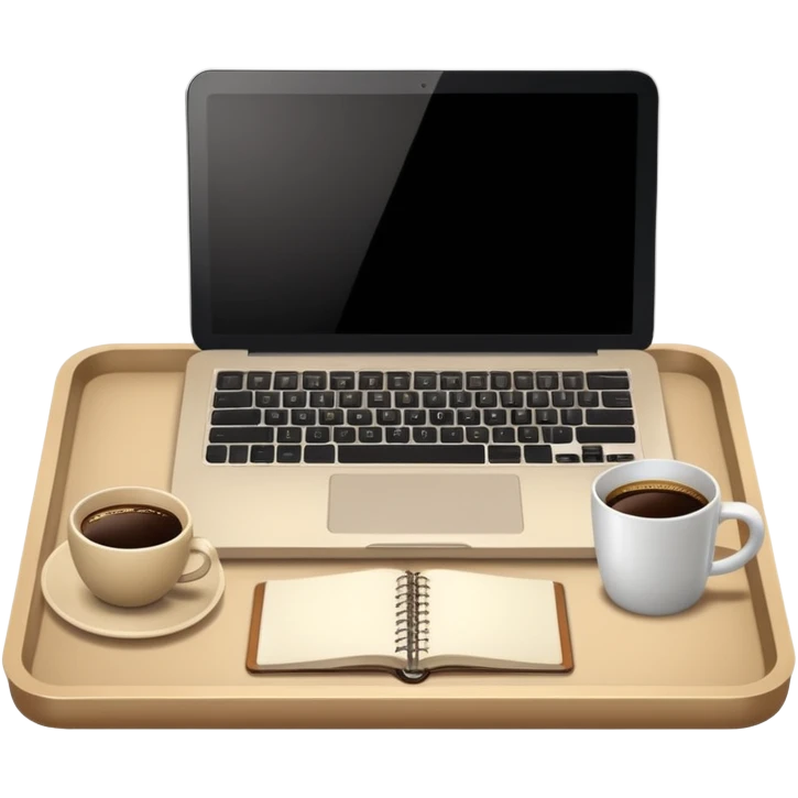 Laptop on the rectangular beige coffee tray, coffee and notebook emoji