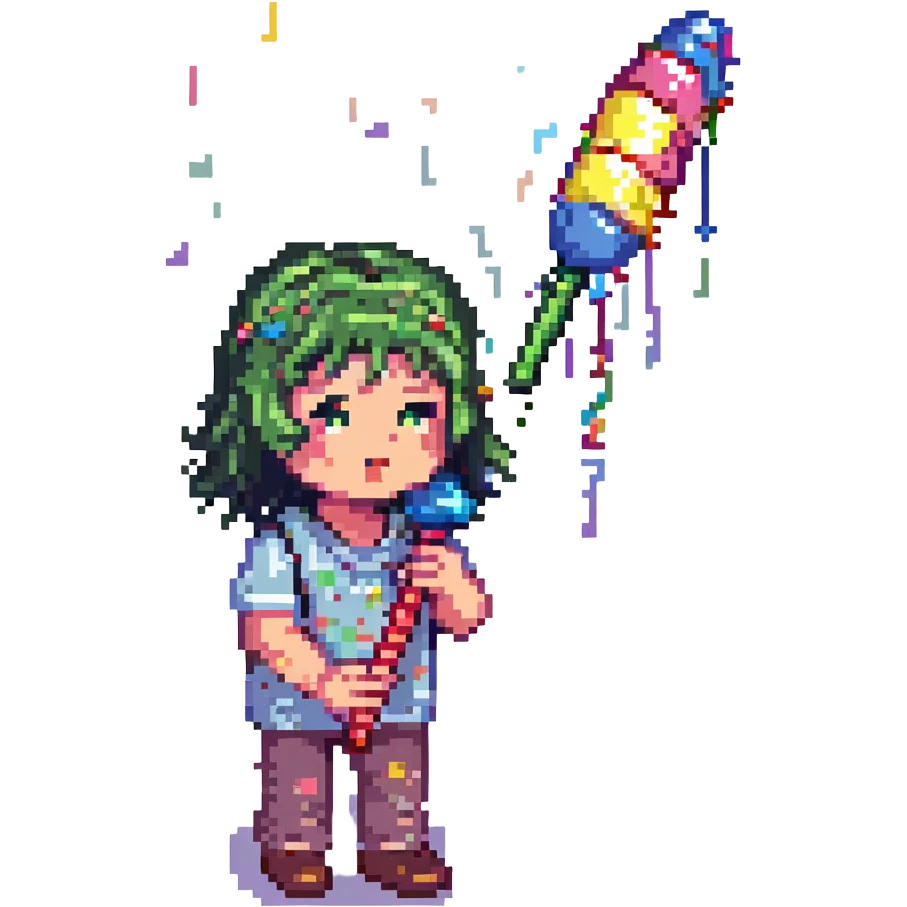 a pixel art noob with a party blower, surrounded by confetti but looking lost and forsaken emoji