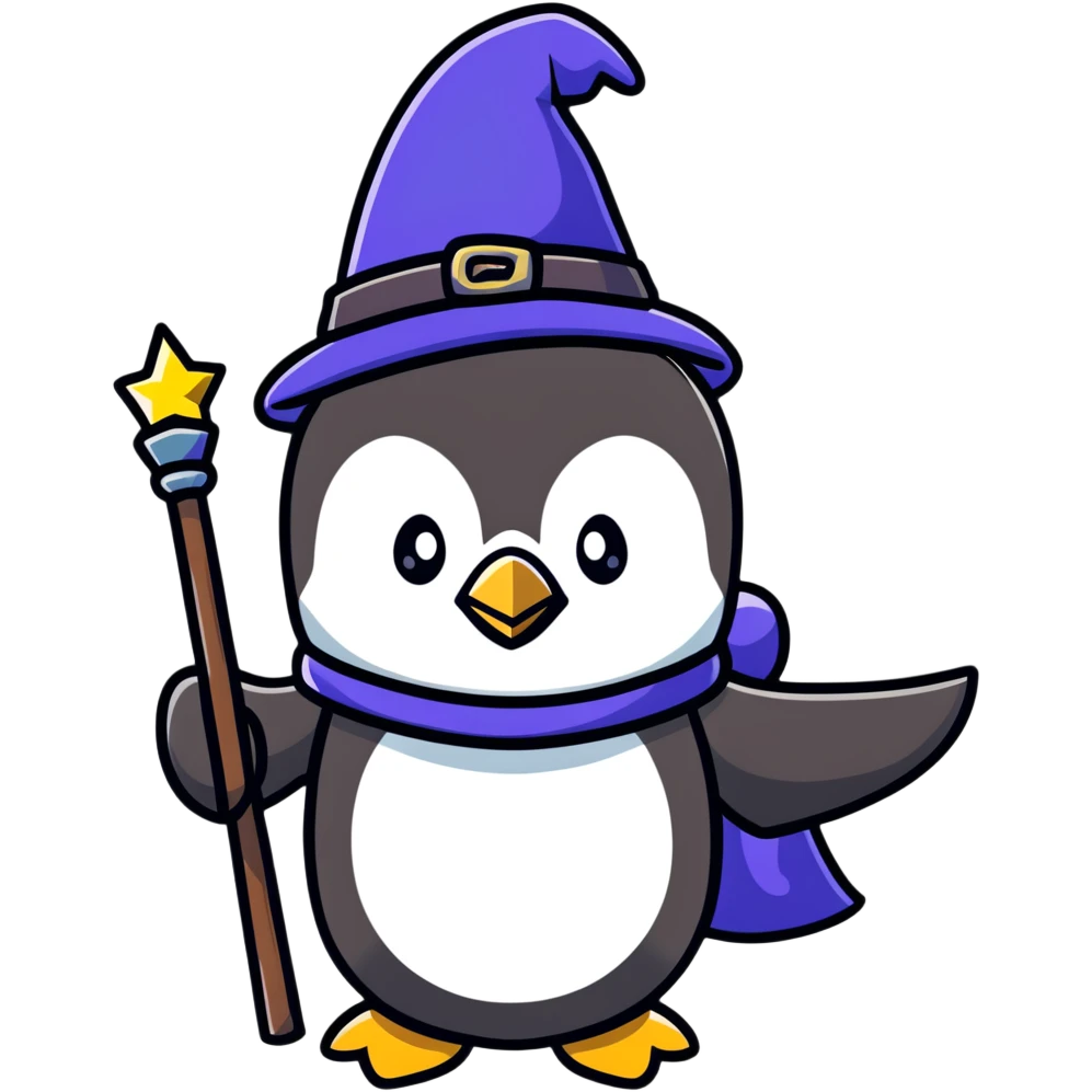 cute penguin wizard with magical sparkles, holding a magic staff emoji