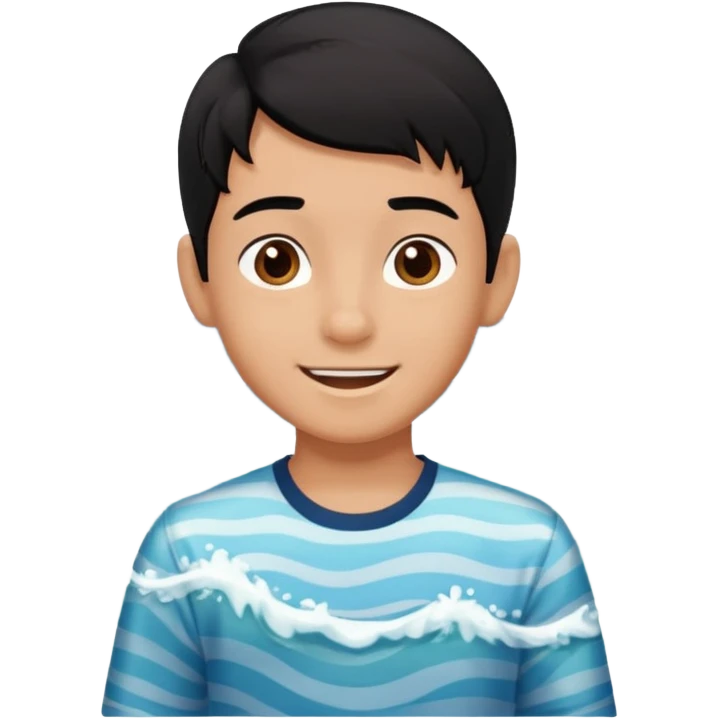  검정머리남자아이, 옷 입히고, 행복한 표정에, 배경 기득 심플하지 않게 키워드는 바다!!! emoji