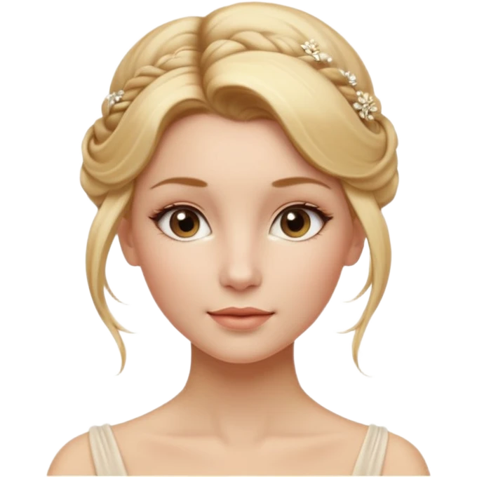Cinematic Realistic Rococo Portrait, depicted with lifelike skin texture, subtle rosy undertones, and soft natural lighting that enhances the gentle contours of her face. Her intricately detailed golden blonde hair is elegantly styled in an updo, with delicate wisps framing her face.  emoji