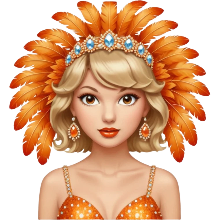 Taylor Swift wearing a vintage showgirl outfit with orange sparkles and feathers and a headdress emoji