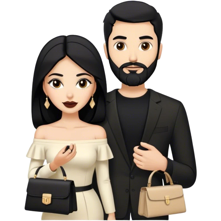 the Lebanese white skinned man with black hair and beard dressed in all black, and the Palestinian woman in an elegant off-shoulder cream-colored outfit with a matching handbag. emoji