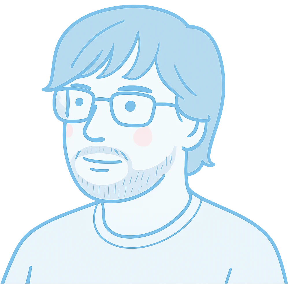 A thoughtful man with rectangular glasses, fashionably tousled longer hair with trendy bangs that frame the face nicely, a naturally round face, and a slightly wider nose. Use soft pale blue for all main features and line work, minimal pink highlights only on the cheeks, and light gray tones only for the neat short beard and subtle shadows. emoji