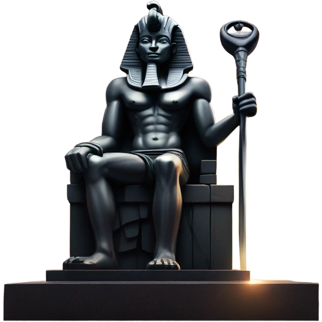 Osiris crook and flail obsidian statue on granite 30 ton brick, massive size, sunlight behind, sunset colors, reflections on black stone polished clean perfect, photography angles emoji