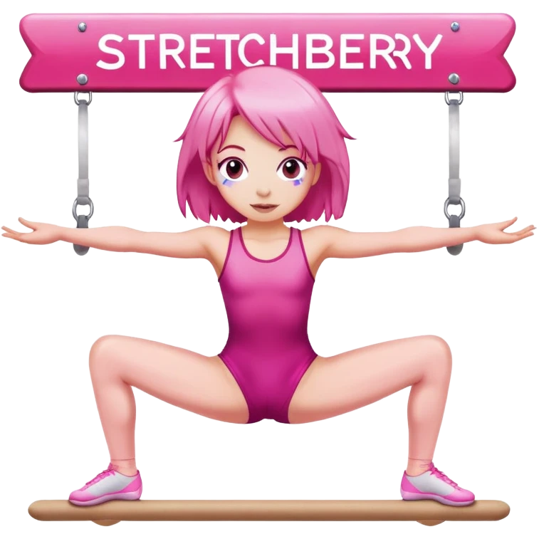 A girl with pink hair is sitting on a gymnastic splits, behind the sign is the inscription "STRETCHBERRY" emoji