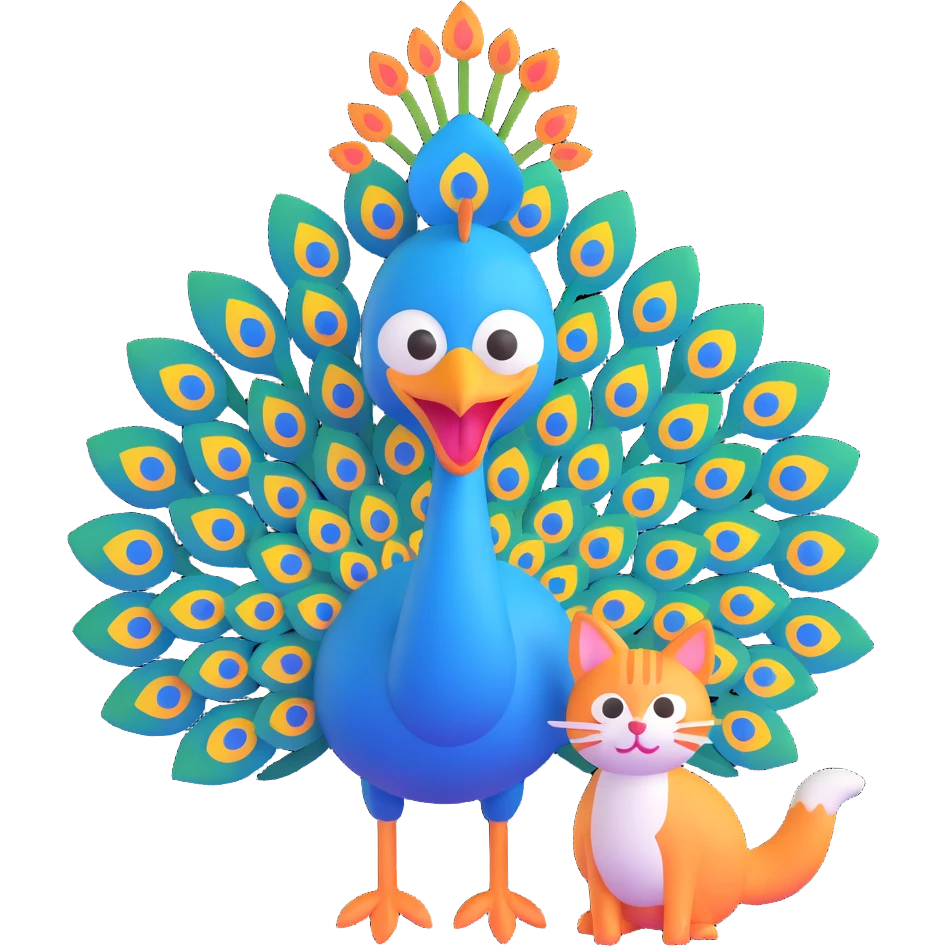 silly peacock with a cat, both making funny faces emoji