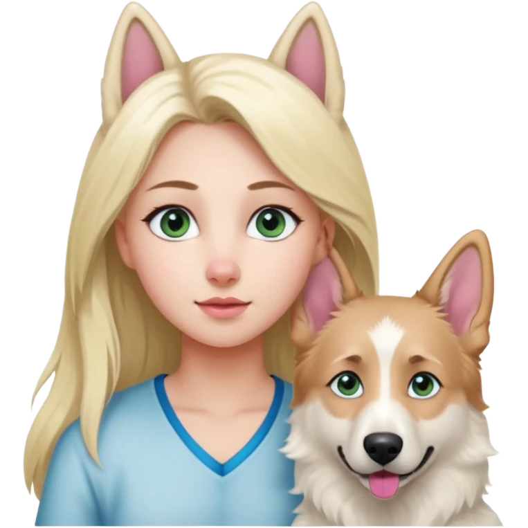 White European young woman with blue-green eyes and long blond hair with her white German Shepherd dog,the Dog has a pink nose and short fur  and Brown eyes emoji
