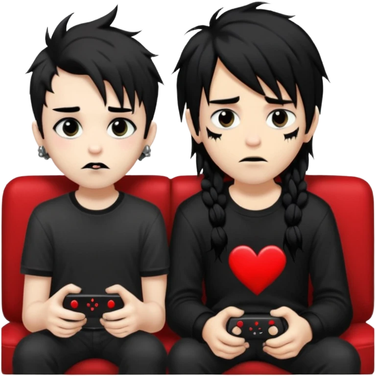 pale Goth boy with a bunch of face piercings, with shaggy dark brown hair, and messy black eyeliner , smudged, red, lipstick next to a tan gamer boy with long black hair , they are watching tv together  emoji
