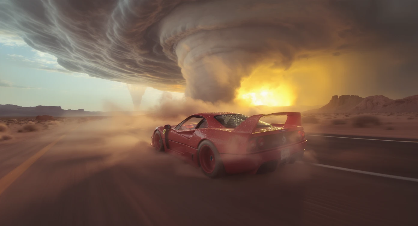 Cinematic still of a ferrari f40 around tornado od arizona desert, sun flare, captured by gopro hero with effect fisheye, water drops on car body, detailed, inspired by interstellar look, captured by a Super-16 emoji