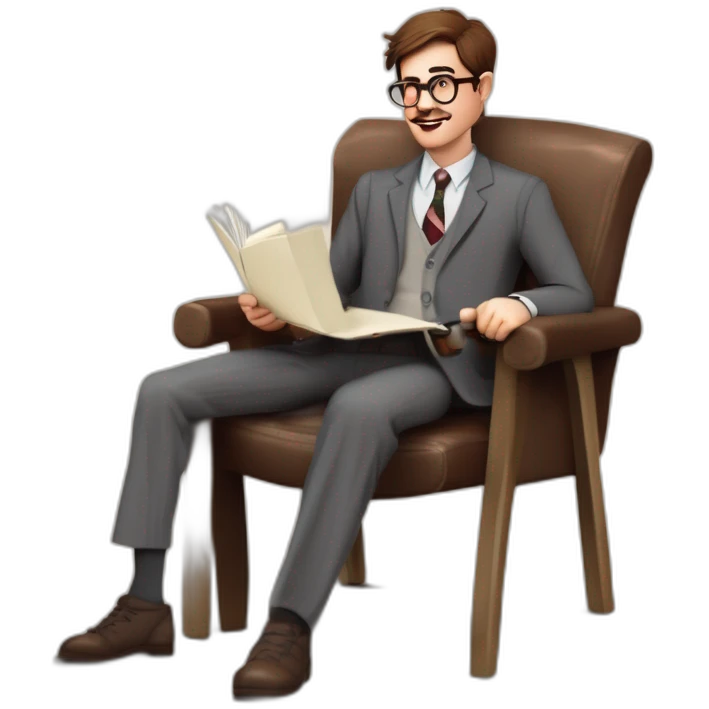 Joyful Celebrating victory Pale skinned Fit Man With dark brown hair in gray jacket, beige office shirt, Brown pants and vintage glasses sitting In a soft chair with a notebook and a pen emoji