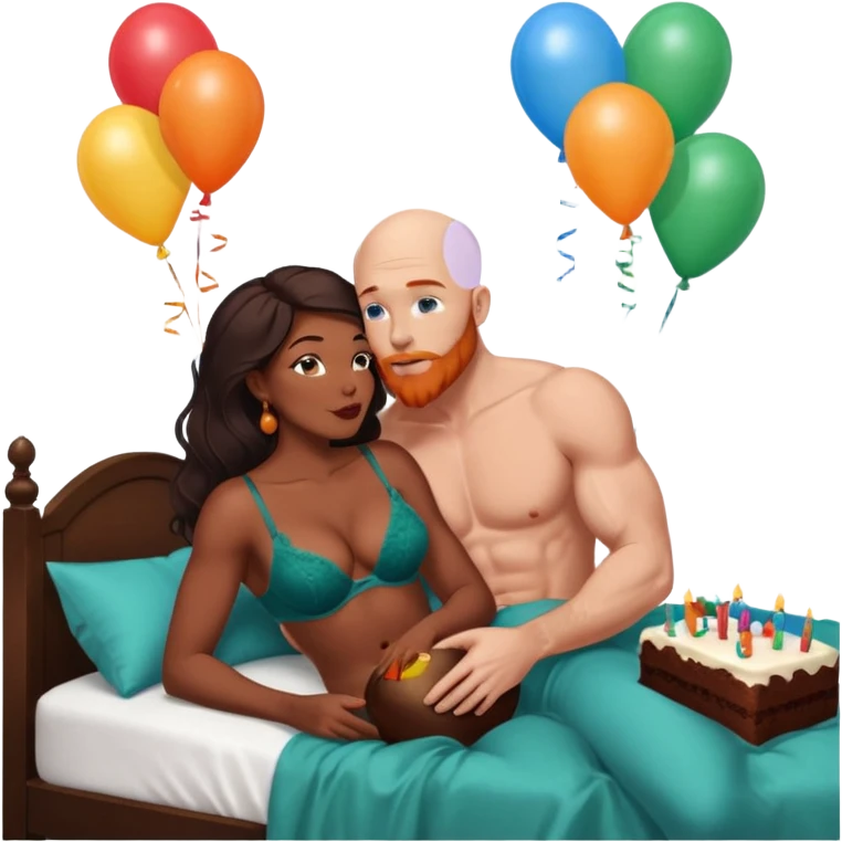 Muscular Bald white male who has a orange beard & blue eyes, kissing curvy African American dark brown woman who has long brown black hair wearing dark green lingerie Laying in bed with chocolate birthday cake and balloons, tenderness, romance emoji