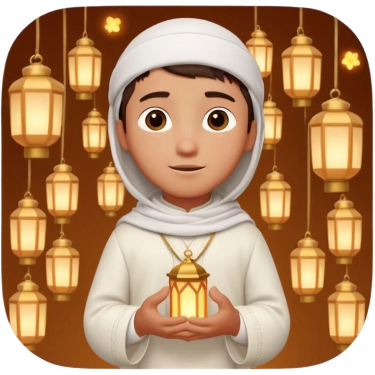 Personnage 3D mignon en style Pixar, un petit garçon portant un qamis blanc et un kufi, tenant un tapis de prière, entouré de lanternes brillantes, fond doux, couleurs chaudes, emoji
