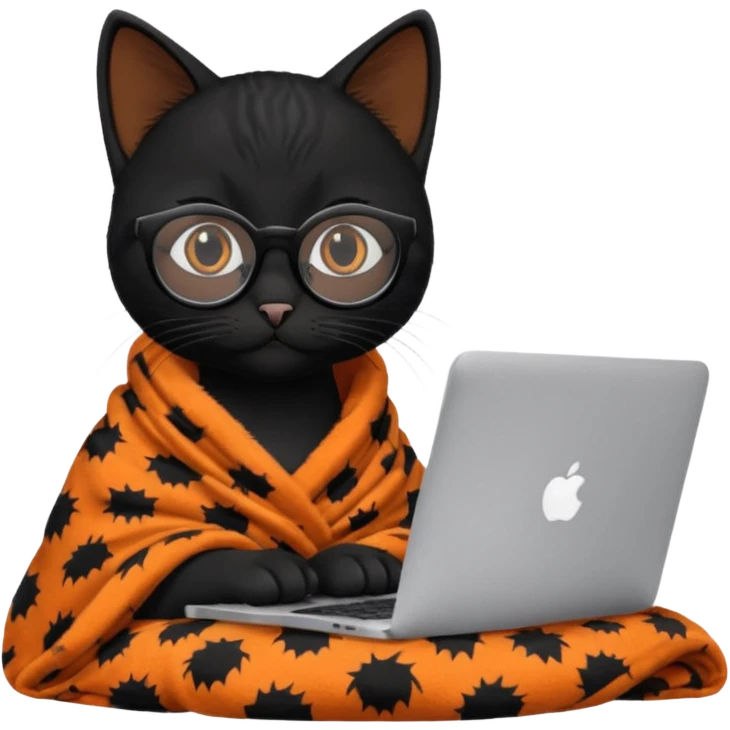 A black female cat working on a MacBook, with long, black straight lashes, round glasses and she wears a blanket with an orange pattern emoji