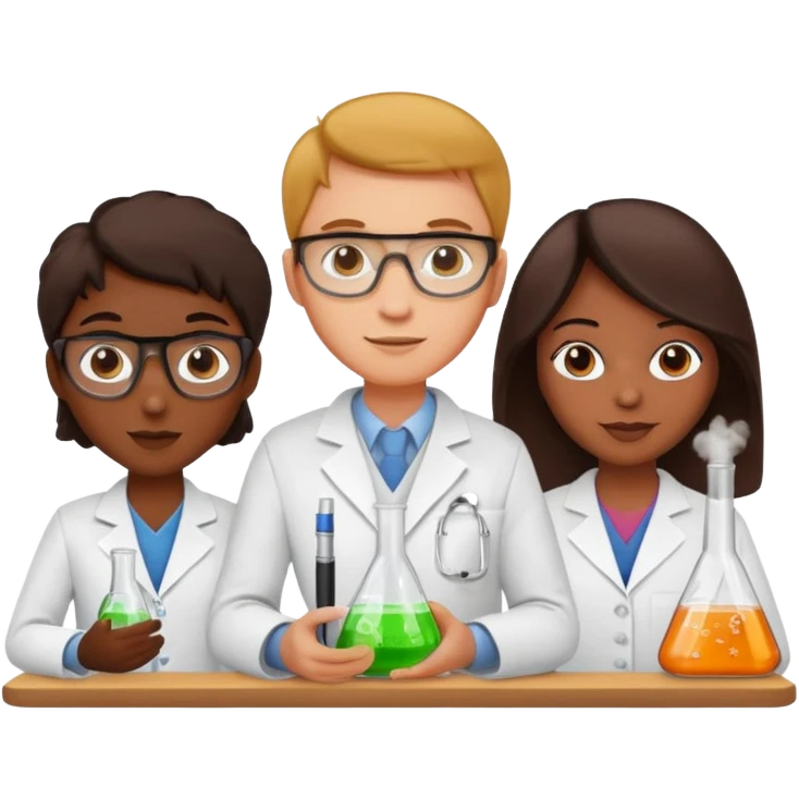 Three chemist: one organic chemist, one inorganic chemist and one theoretical chemist – each one with a typical item for their field of study (and not an erlenemeyer flask) emoji