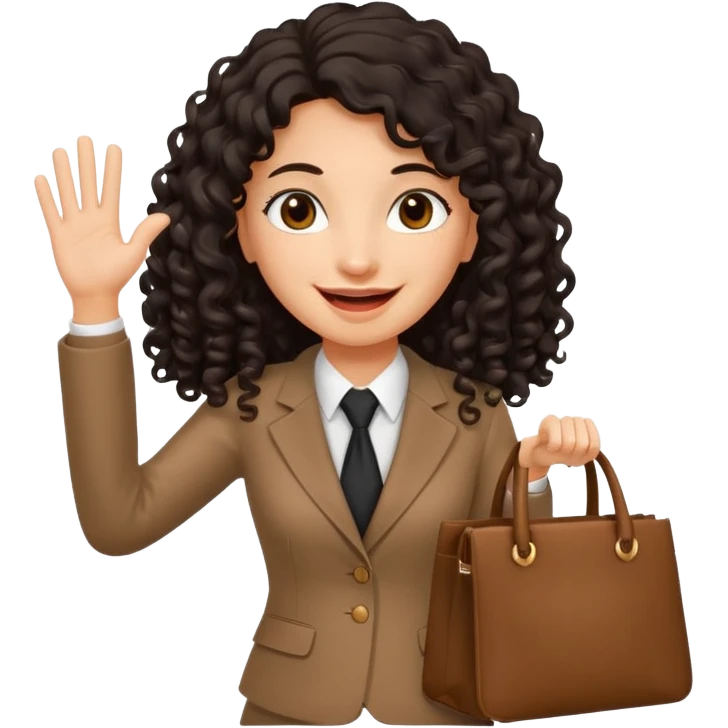 medium deep tan brown business woman with long black curly hair, waving hand with happy face with smile mouth and carrying bag on her shoulder emoji