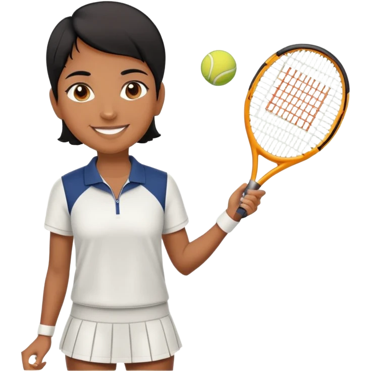 Chindian tennis coach, caramel brown, short straight hair, oval face, small eyes, big smile, wearing tennis outfit emoji