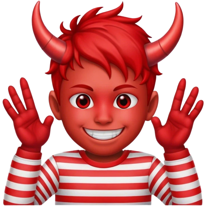 smiling boy in striped shirt with red face and devil horns emoji