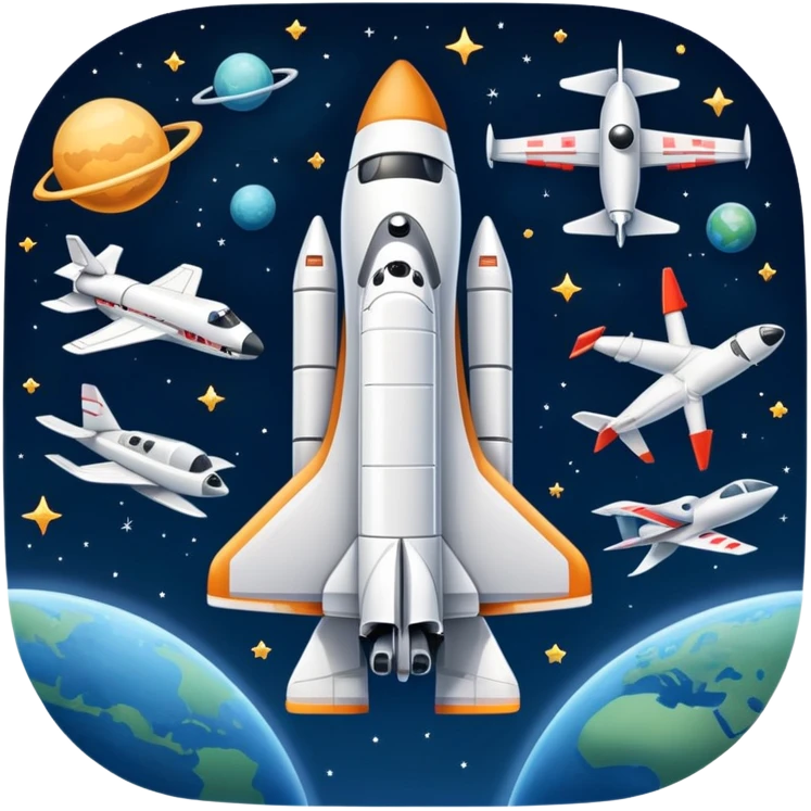 An icon featuring a space shuttle, a drone, and an airplane against a starry sky, symbolizing aerospace technology. The design includes rocket boosters and satellite orbits, representing the exploration of space and advanced aviation. Transparent background emoji